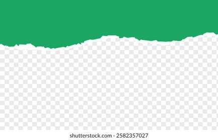 Piece of torn and horizontal green paper with soft shadow is on squared background for text, Torn paper rolled strip over grey realistic vector illustration. Teared page. Destroyed document sheet 3d.