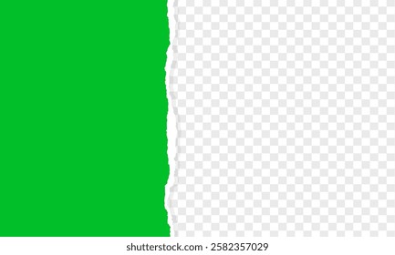 Piece of torn and horizontal green paper with soft shadow is on squared background for text, Torn paper rolled strip over grey realistic vector illustration. Teared page. Destroyed document sheet 3d.