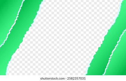 Piece of torn and horizontal green paper with soft shadow is on squared background for text, Torn paper rolled strip over grey realistic vector illustration. Teared page. Destroyed document sheet 3d.