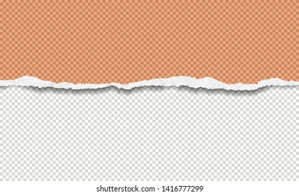 Piece of torn horizontal paper strip is on white and orange squared background. Vector illustration