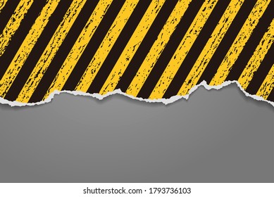Piece of torn lined, yellow and black, stained grunge paper with soft shadow stuck on darg grey background. Vector illustration