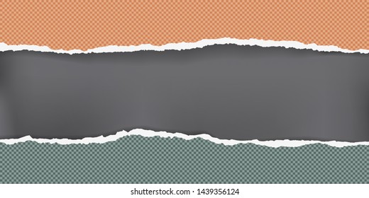 Piece of torn orange and green squared horizontal note paper strips with soft shadow are on black squared background. Vector illustration