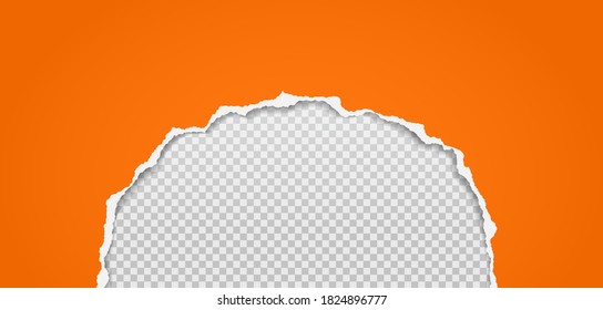Piece of torn orange paper is on white, squared, transparent background for text, advertising or design. Vector illustration