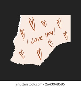 Piece of torn paper with handwritten words I love you and hearts. Vector illustration.