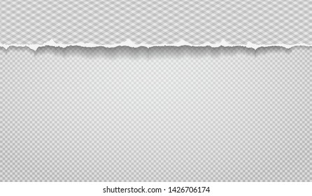 Piece of torn paper strip with diamond pattern and soft shadow is on grey squared background. Vector illustration.