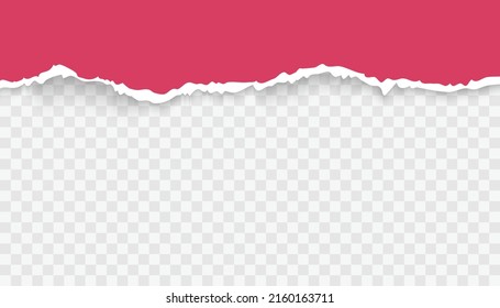 Pieza de papel horizontal rosa roto con sombra suave pegada sobre fondo transparente. Ilustración vectorial realista de la textura de papel