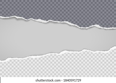 Piece of torn, ripped black and white paper with soft shadow is on transparent background for text. Vector illustration