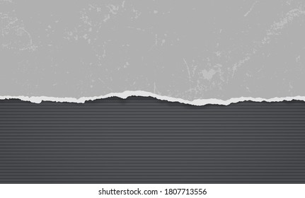 Piece of torn, ripped distressed dark gray paper with soft shadow is on black lined background for text. Vector illustration