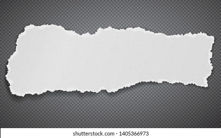 Piece of torn, ripped grainy white paper strip with soft shadow is on black squared background. Vector template illustration