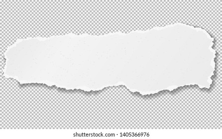 Piece of torn, ripped grainy white paper strip with soft shadow is on squared background. Vector template illustration