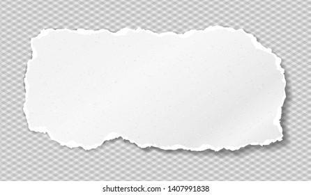 Piece of torn, ripped grainy white paper strip with soft shadow is on squared background. Vector template illustration