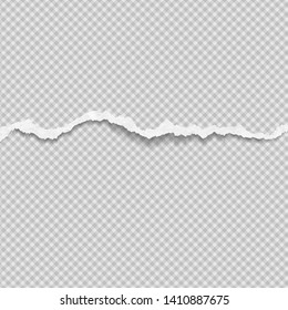 Piece of torn, ripped grainy white paper strip with soft shadow is on squared background. Vector template illustration