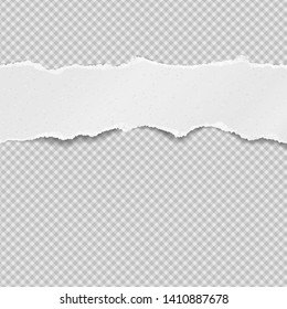 Piece of torn, ripped grainy white paper strip with soft shadow is on squared background. Vector template illustration