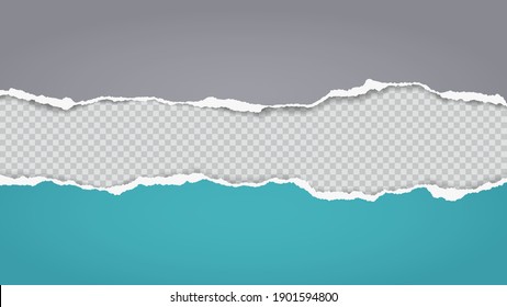 Piece of torn, ripped grey and turquoise paper with soft shadow are on squared, transparent background for text. Vector illustration