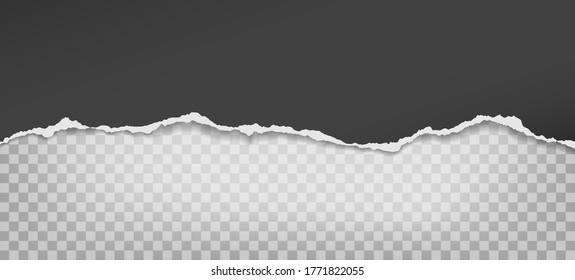 Piece of torn, ripped horizontal black paper with soft shadow is on squared background for text. Vector illustration