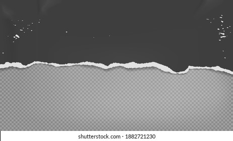 Piece of torn, ripped horizontal, distressed crumpled black paper with soft shadow is on grey transparent background for text. Vector illustration