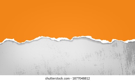 Piece of torn, ripped orange paper with soft shadow is on grey stained background for text. Vector illustration