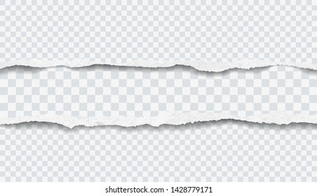 Piece of torn, ripped recycled grainy white paper strips with soft shadow are on squared background. Vector illustration