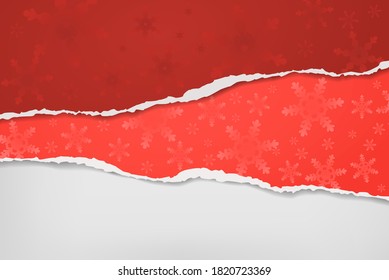 Piece of torn, ripped red paper with snowflakes pattern and soft shadow are on white background for text. Vector illustration