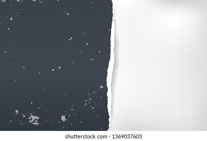 Piece of torn, ripped tattered black note paper strip with soft shadow is on white background for message or advertising. Vector illustration