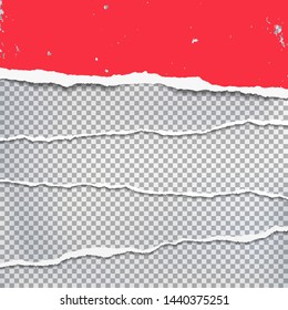Piece of torn, ripped tattered red and white paper strips with soft shadow are on squared background for message or advertising. Vector illustration