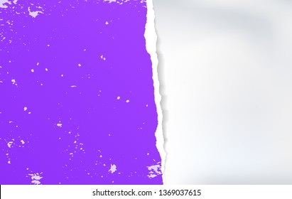 Piece of torn, ripped tattered violet note paper strip with soft shadow is on white background for message or advertising. Vector illustration
