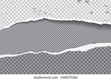 Piece of torn, ripped tattered white and grey squared paper strips with soft shadow are on dark grey squared background for message or advertising. Vector illustration