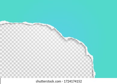 Piece of torn, ripped turquoise paper with soft shadow is on squared white background for text. Vector illustration