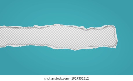 Piece of torn, ripped turquoise paper with soft shadow are on squared, transparent background for text. Vector illustration