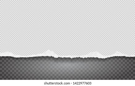 Piece of torn, ripped white grainy paper strip with soft shadow is on grey squared background. Vector template illustration