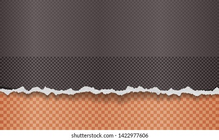 Piece of torn, ripped white grainy paper strip with soft shadow is on squared background. Vector template illustration