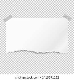 Piece of torn, ripped white paper strip with soft shadow stuck with sticky tape on squared background. Vector template illustration