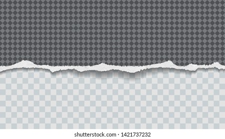 Piece of torn, ripped white paper strip with soft shadow is on squared background. Vector template illustration
