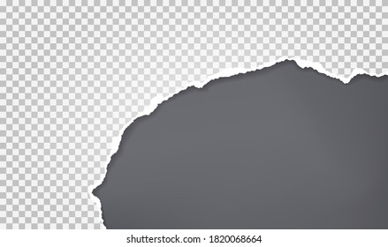 Ein Stück zerrissenen, zerrissenen weißen quadratischen Papiers mit weichem Schatten ist auf dunkelgrauem Hintergrund für Text. Vektorgrafik