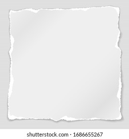 Piece of torn square white note, notebook paper with soft shadow stuck on grey lined background. Vector illustration