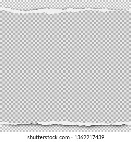 Piece of torn, squared note paper strip with soft shadow is on grey background. Vector illustration