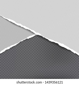 Piece of torn, squared note paper strips with soft shadow are on black squared background. Vector illustration