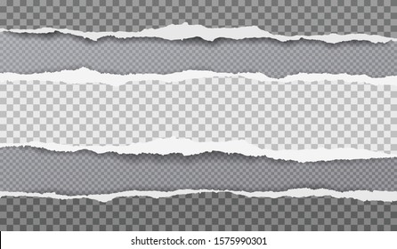 Piece of torn, squared note paper strips with soft shadow are on dark grey background. Vector illustration