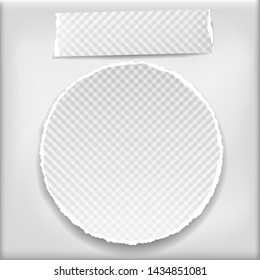Piece of torn, squared paper strips and circle with soft shadow are on grey background. Vector illustration
