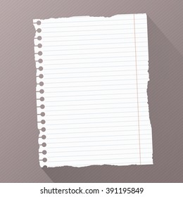 Piece of torn white blank lined notebook paper on dark striped diagonal background
