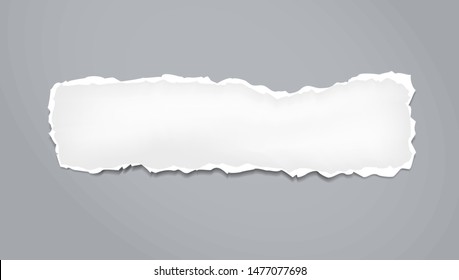 Piece of torn white horizontal paper strip with soft shadow is on grey background. Vector illustration