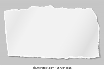 Piece of torn white note, notebook paper with soft shadow stuck on lined background. Vector illustration