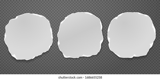 Piece of torn white note, notebook paper circles with soft shadow stuck on black squared background. Vector illustration