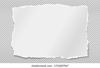 Piece of torn white note, notebook paper with soft shadow stuck on squared background. Vector illustration