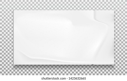 Piece of torn white note paper strip with soft shadow is on grey squared background. Vector illustration