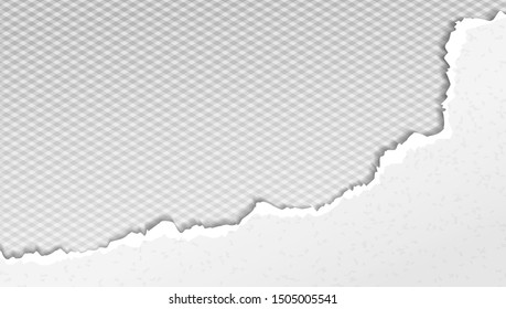 Piece of torn white paper with soft shadow is on grey squared background. Vector template illustration