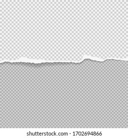 Piece of torn white paper with soft shadow stuck on grey squared background. Vector illustration