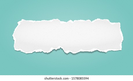 Piece of torn, white realistic horizontal paper strip with soft shadow is on turquoise squared background. Vector illustration