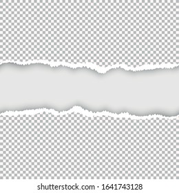 A piece of torn, white realistic horizontal paper strip with a soft shadow is on a square background. Transparent realistic torn paper. Vector illustration, EPS 10.
