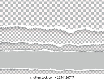 A piece of torn, white realistic horizontal paper strip with a soft shadow is on a square background. Transparent realistic torn paper. Vector illustration, EPS 10.
